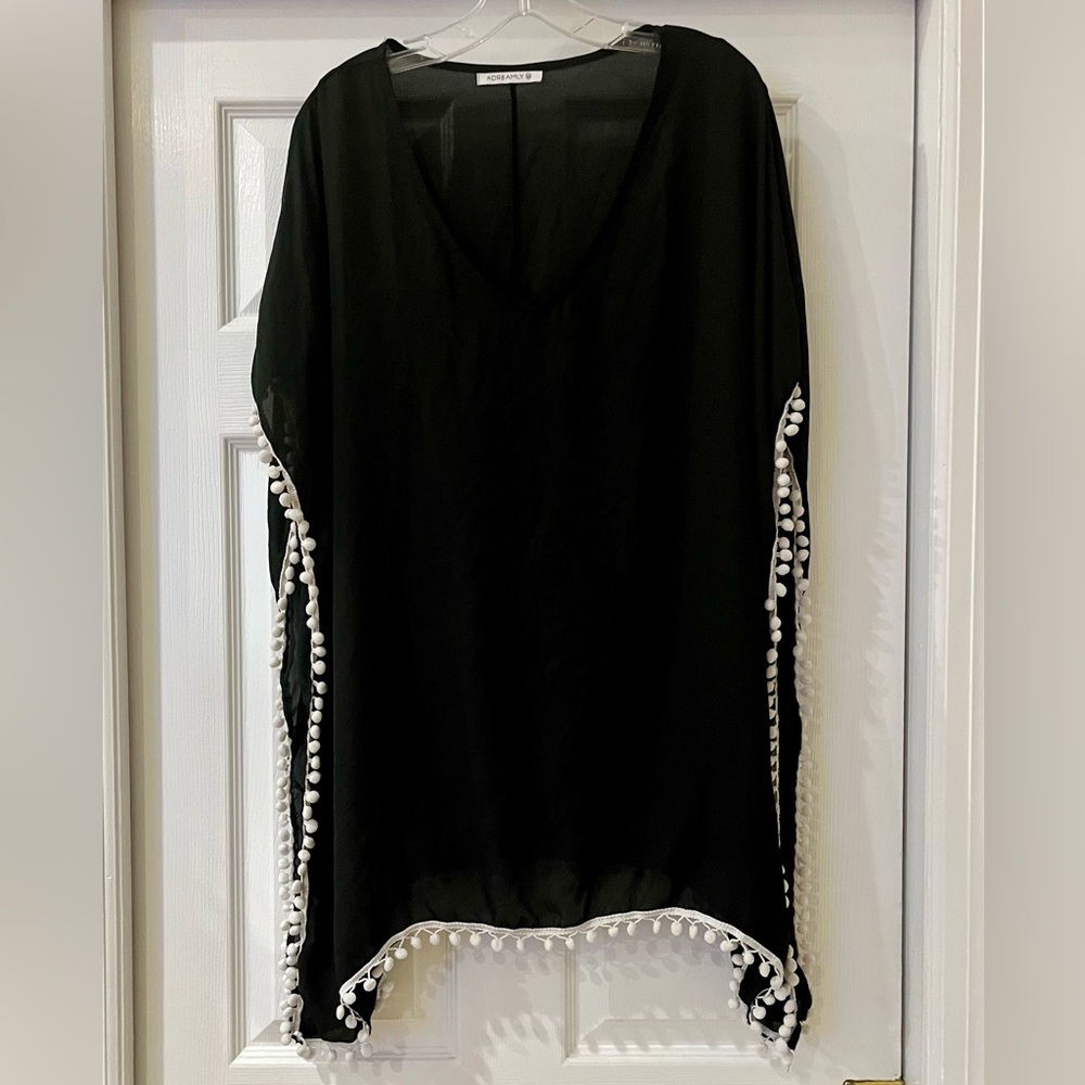 Black Sheer Swim Cover-Up with White Pom-Pom Trim